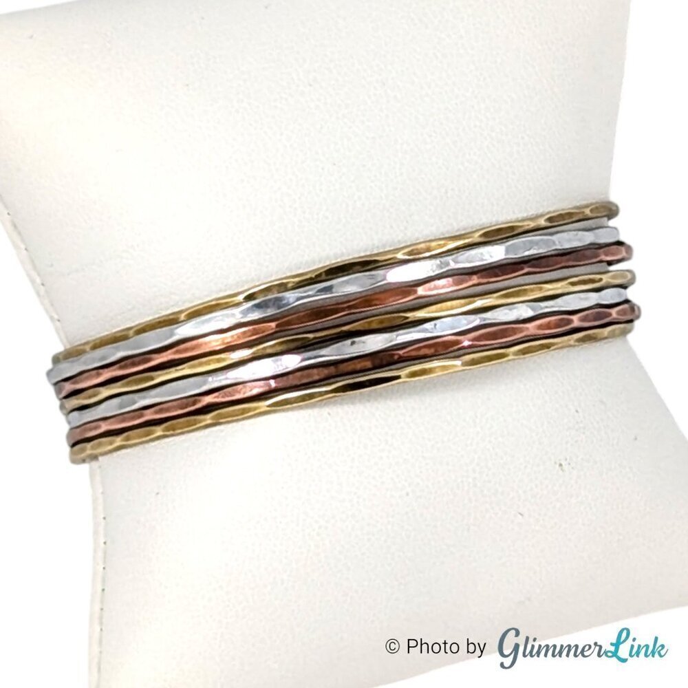 Tri Color 7 Band Hammered Metal Cuff Bracelet